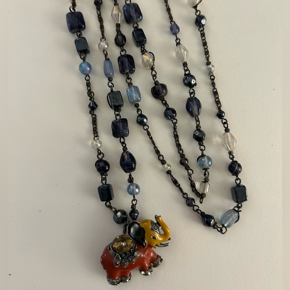 Necklace vintage blue Art Glass enameled Elephant red yellow black crystal beads - Picture 4 of 12